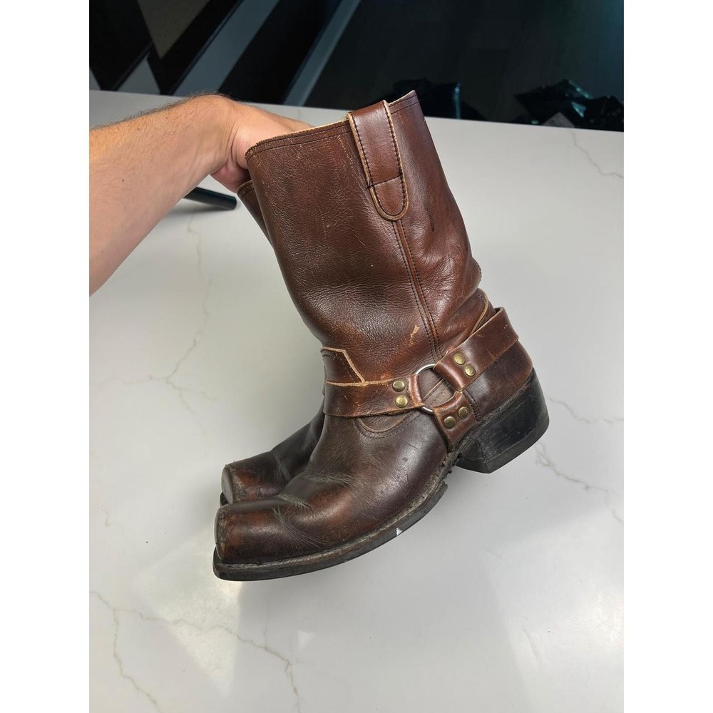 Vintage Brown Leather Harness Boots Mens Square Frye Style Biker Distressed